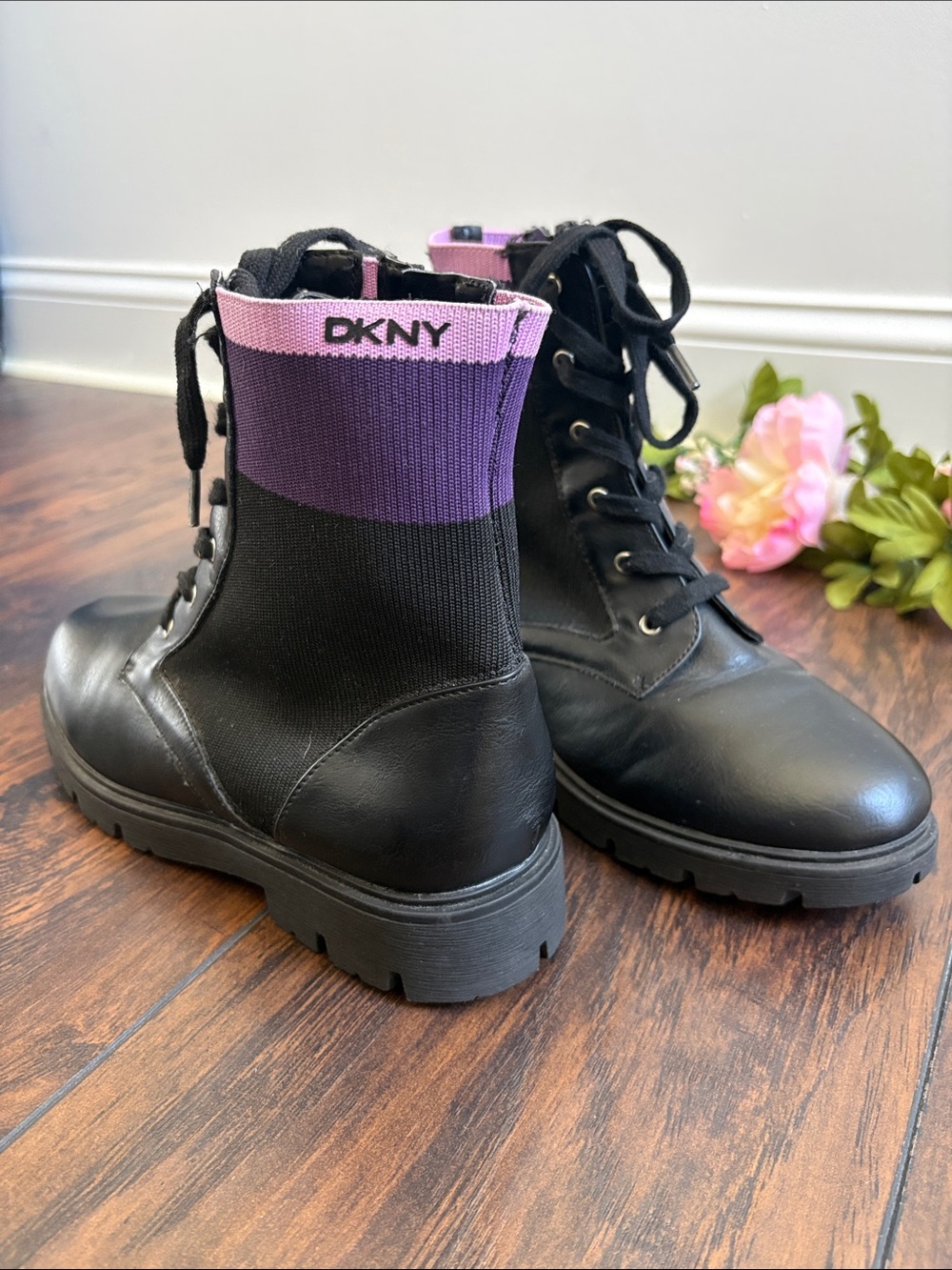 DKNY Black Lace-Up Combat Boots with Purple and Pink Cuff